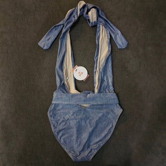PQ Swim women denim Belted Alex Crossover Halter One Piece Swimsuit Size Medium - Picture 3 of 11